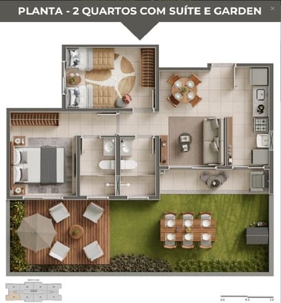 Planta 2 quartos com suíte e garden – Portal Torres de Áries