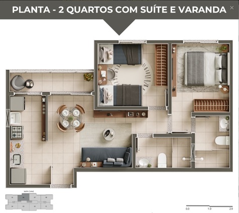 Planta 2 quartos com suíte e varanda – Portal Torres de Áries São Pedro da Aldeia