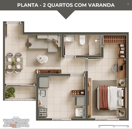 Planta 2 quartos com varanda – Portal Torres de Áries